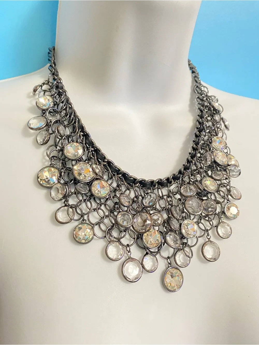 NWT CHICO’S Cha-Cha Necklace Bib Style Gunmetal Chain Link Crystal Rhinestones
